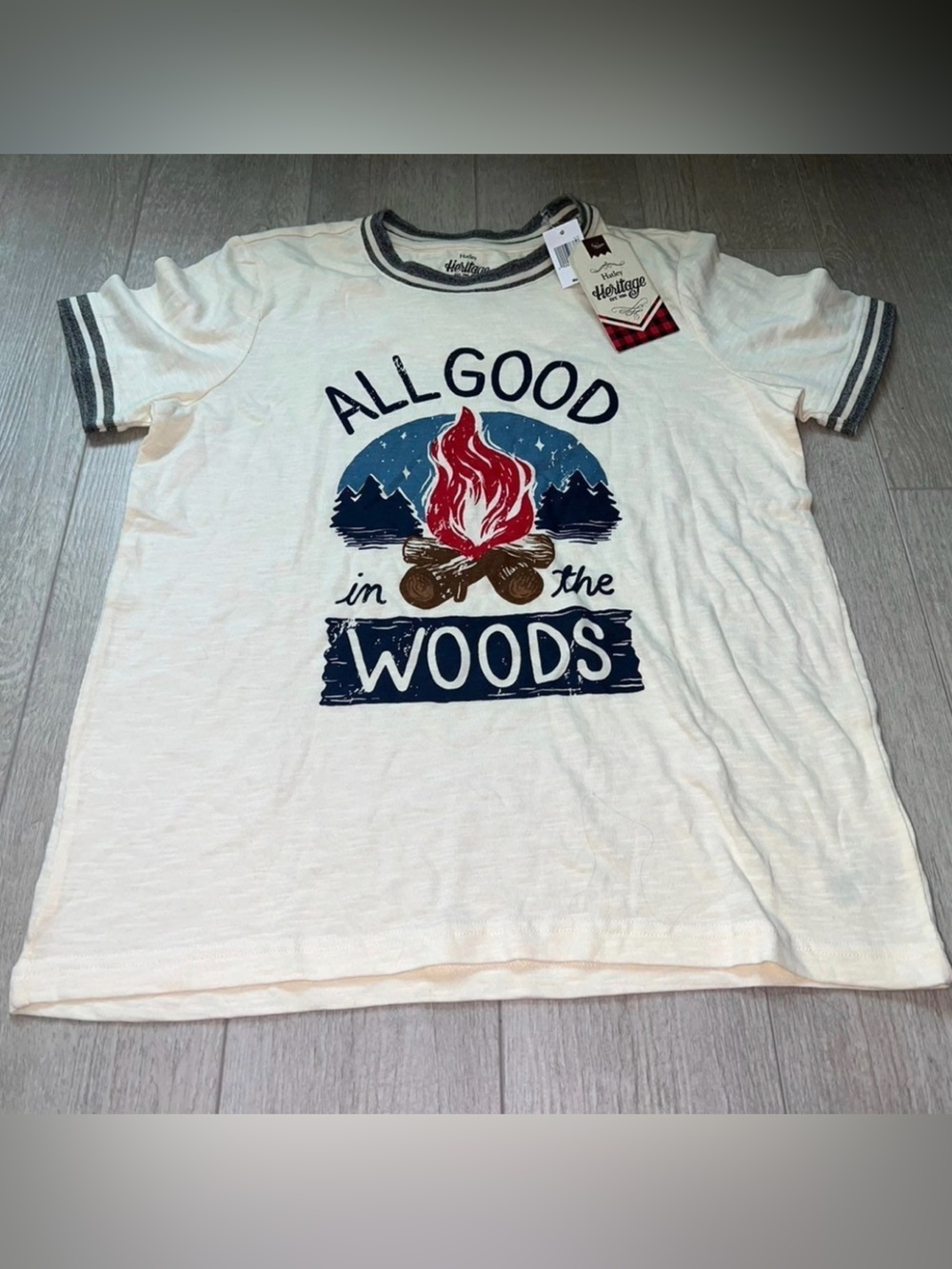 Hatley Cream Short Sleeve Tee with Navy & Red Campfire Graphic